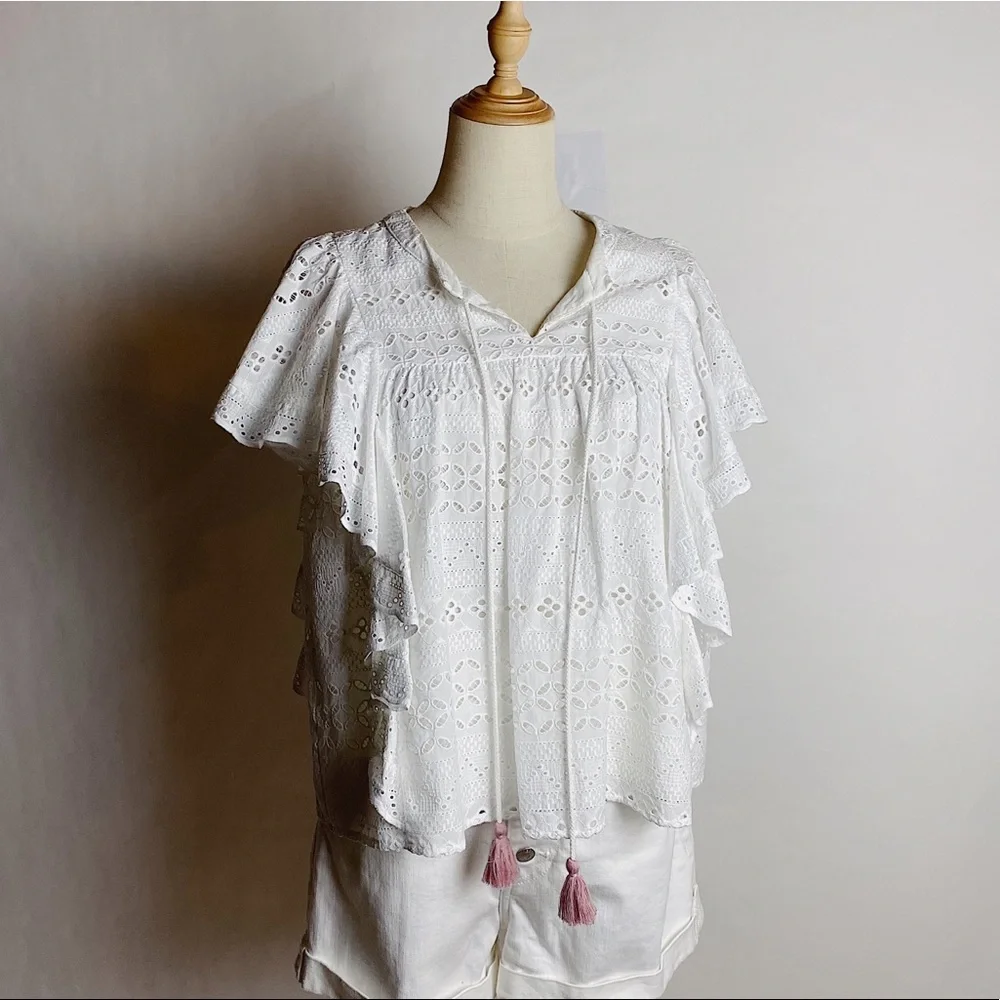 NWT REBECCA MINKOFF Caro Eyelet Ruffle Top White M - Picture 1 of 10